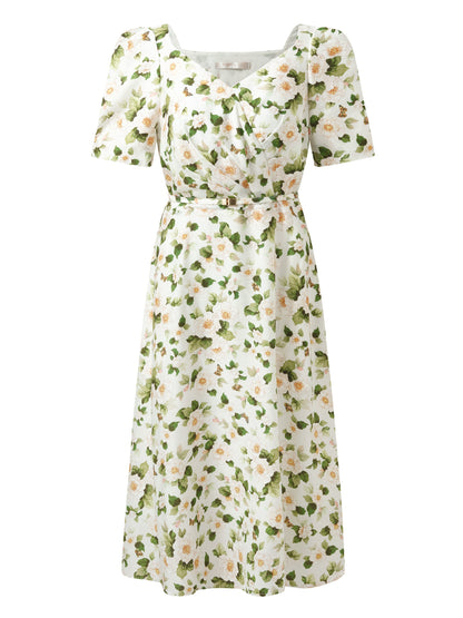 Acetate Blend Floral Print Women V-Neck Midi Dress With Belt