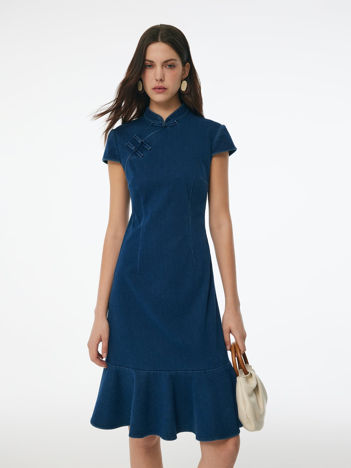 Denim Ruffle Hem Women Stretchy Knit Qipao Mini Dress