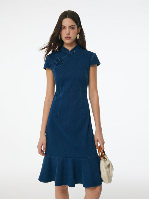 Denim Ruffle Hem Women Stretchy Knit Qipao Mini Dress