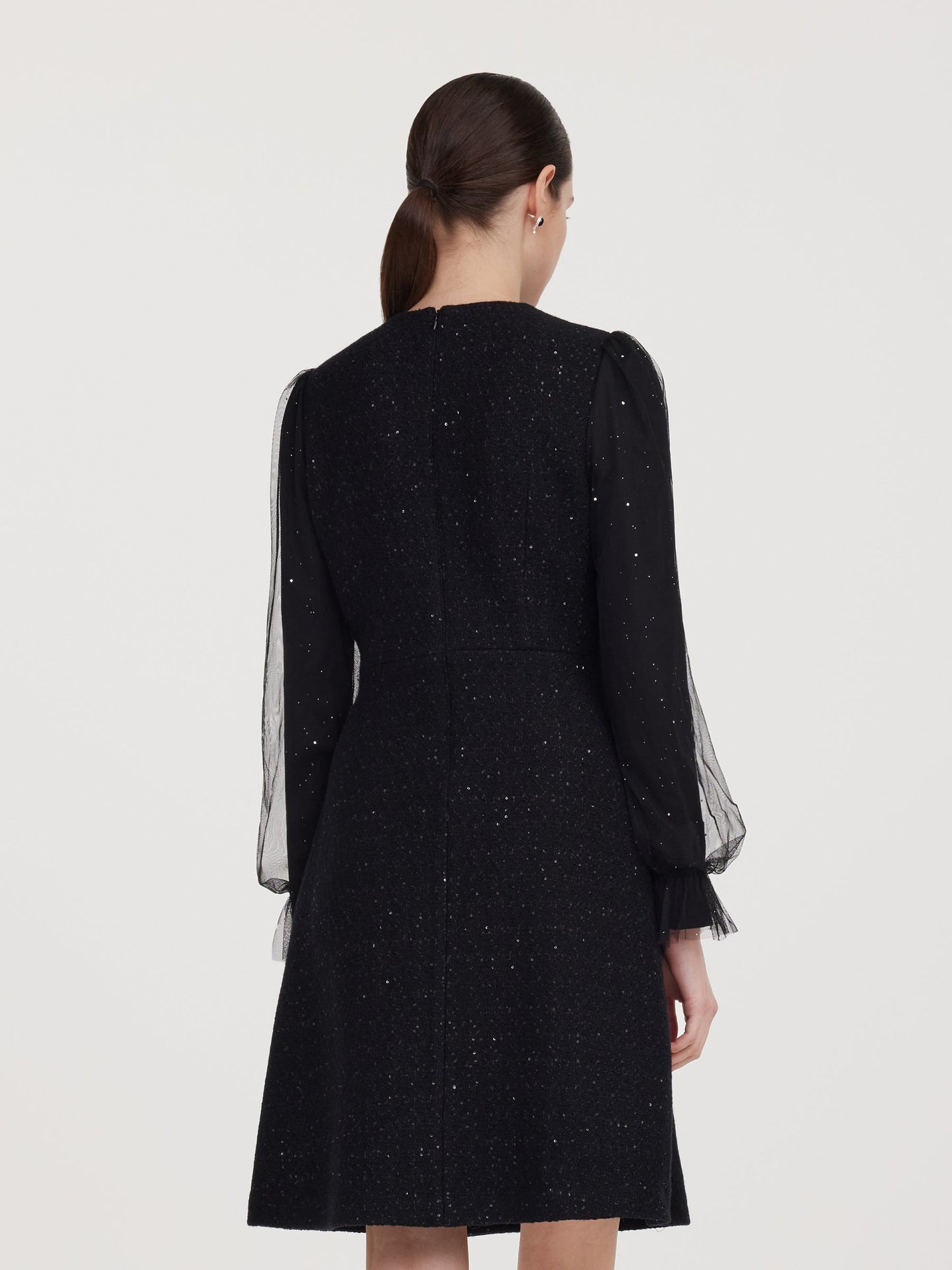Wool Blend Tweed Sequins Women Long Sleeve Mini Dress