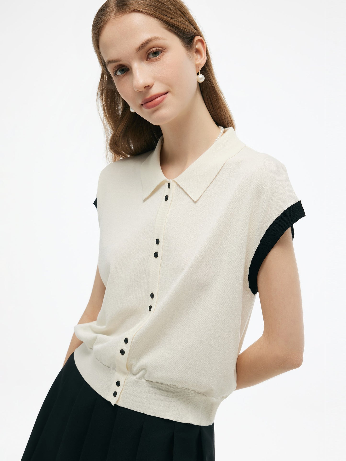 Tencel Blend Color Block Women Polo Short Sleeve Cardigan