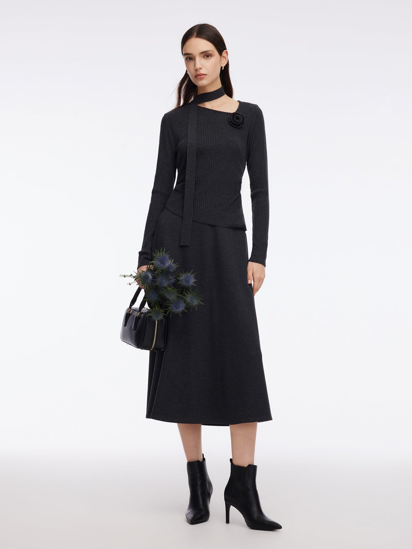 Asymmetrical Hem Knit Scarf Top And A-Line Skirt Two-Piece Set With Detachable Flower