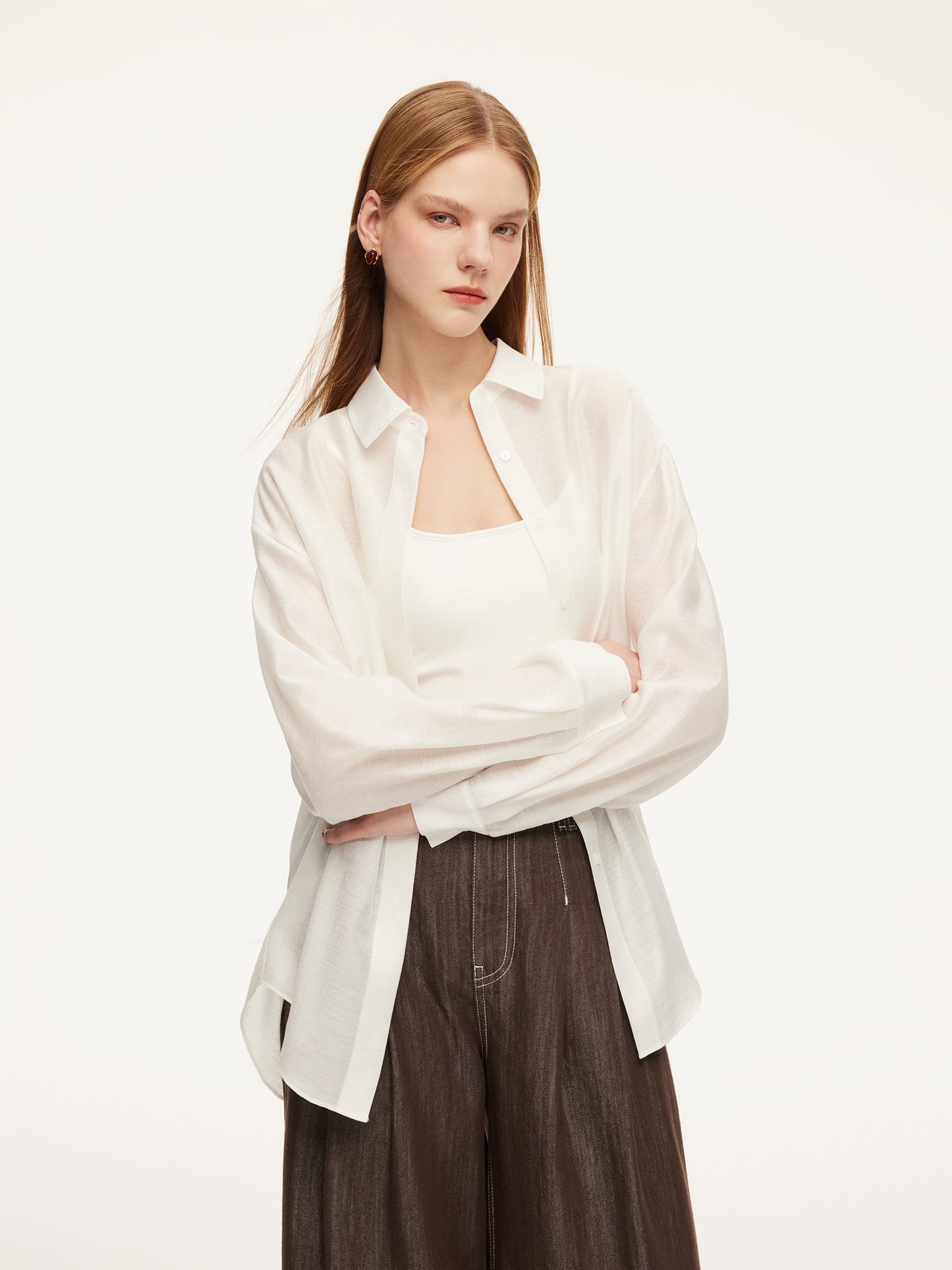 Tencel Acetate Linen Blend Women Sheer Oversized Shirt & Camisole Two-Piece Set