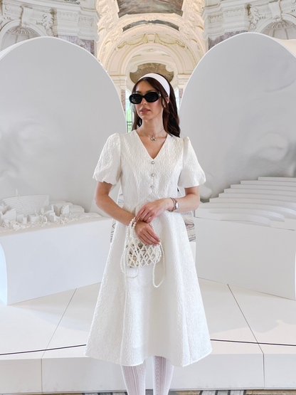 Jacquard Puff Sleeve Women Midi Dress