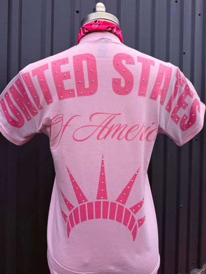 Pink Rhinestone United States of America Graphic Tee | Patriotic Statue of Liberty Back Print Shirt