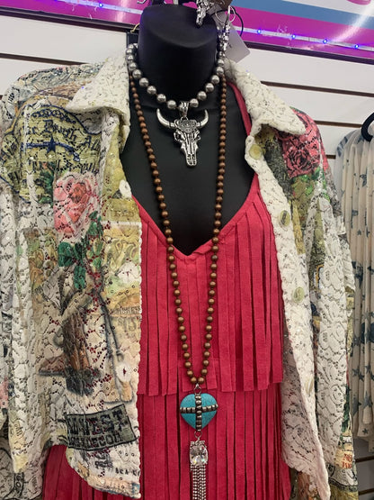 Turquoise Heart Cross Tassel Necklace