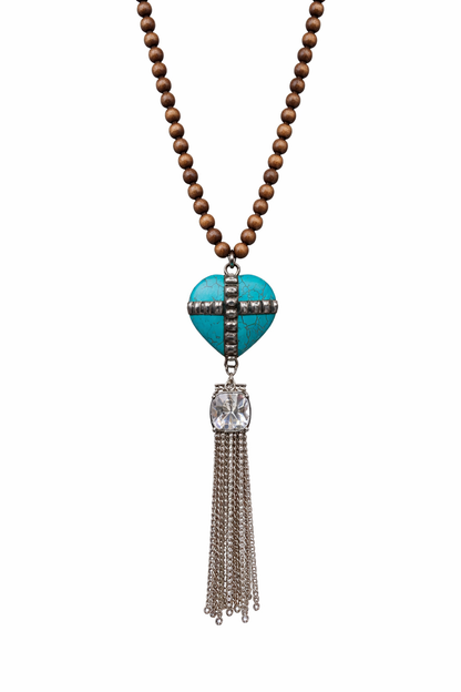Turquoise Heart Cross Tassel Necklace