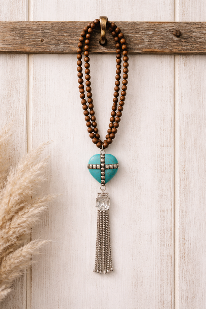 Turquoise Heart Cross Tassel Necklace