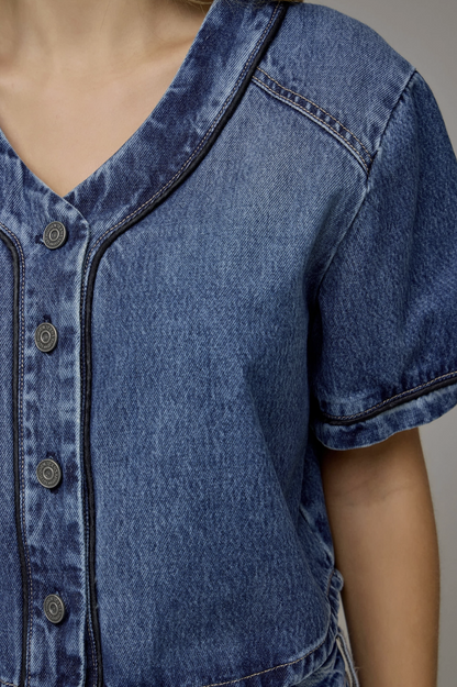 School Spirit Game Day Oversized Denim Top with Custom Sequin Mascot Patch