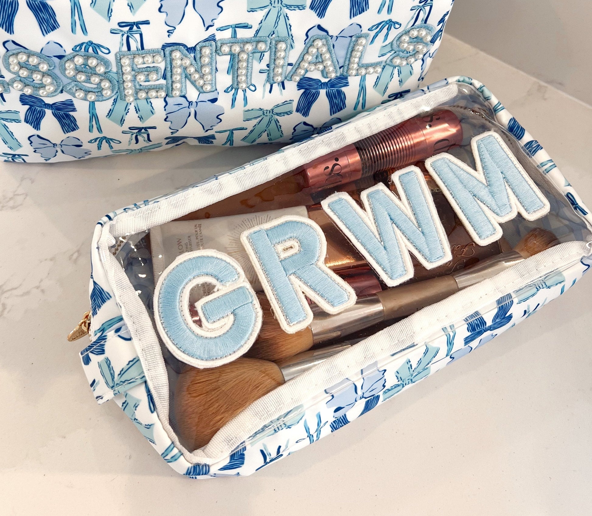 GRWM - Blue Bows Clear Large Makeup Bag