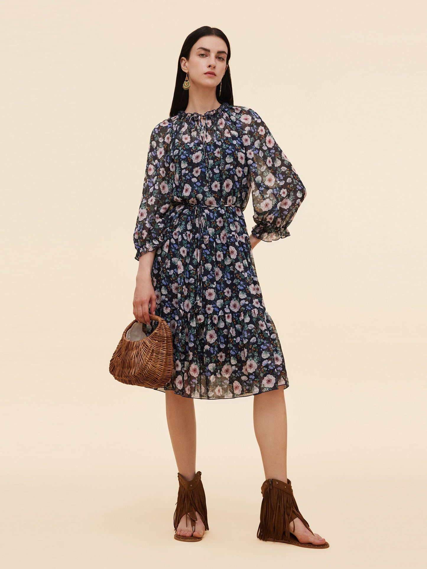 10MM Mulberry Silk Floral Print Women Ruffle Collar Midi Dress