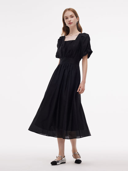Tencel Blend Square Neck Women Puff Sleeve Maxi Dress