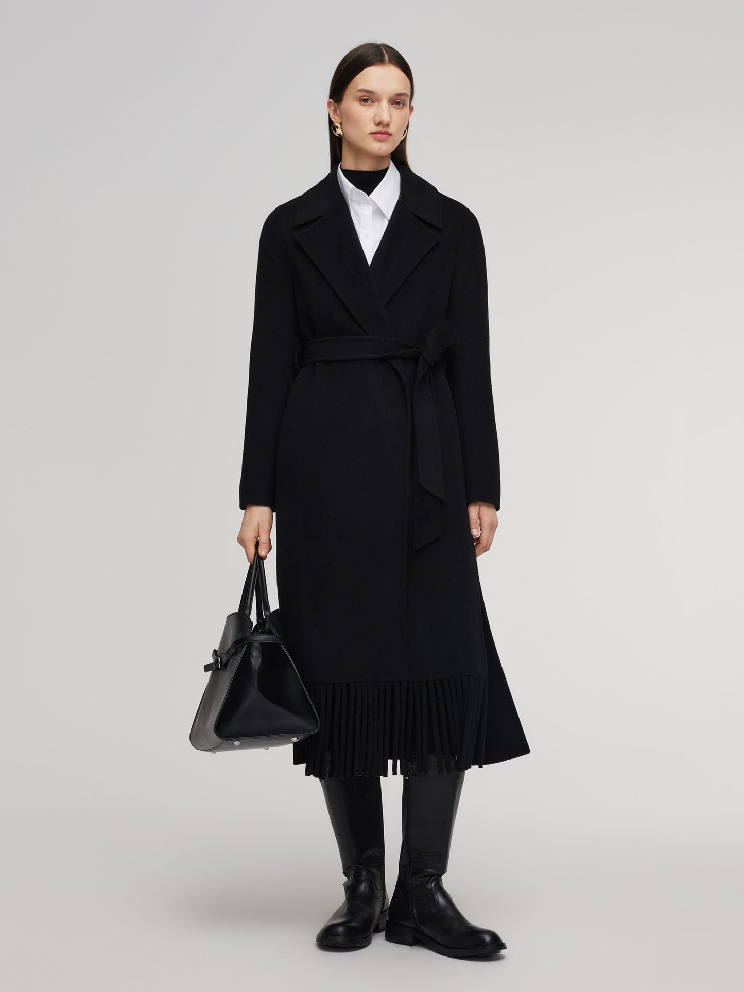 Cashmere Wool Blend Fringe Hem Women Wrap Overcoat