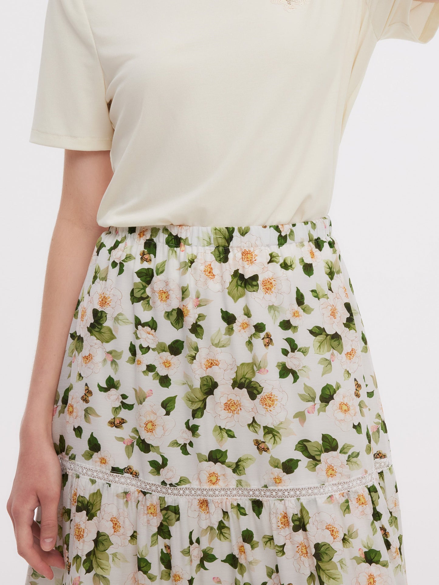 Acetate Blend Floral Print Women Tiered Skirt