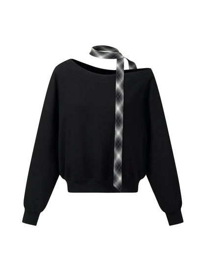 [Preview] Cotton Scuba One-Shoulder Women Sweatshirt With Plaid Ribbon