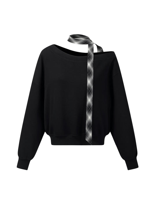 [Preview] Cotton Scuba One-Shoulder Women Sweatshirt With Plaid Ribbon