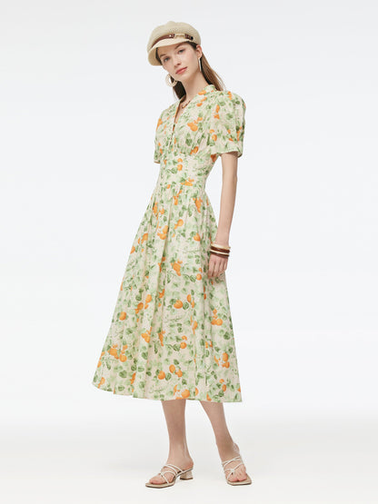Cotton Gathered Waist Floral Print Women Maxi Dress