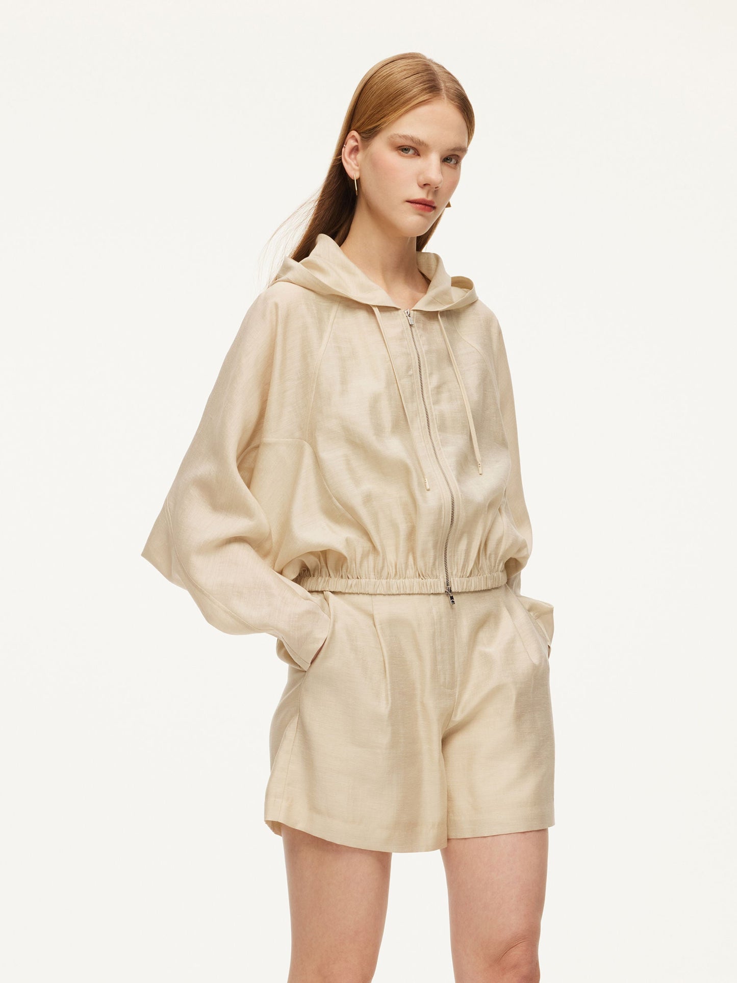 Tencel Acetate Linen Blend Women Zip-Up Hooded Cropped Jacket
