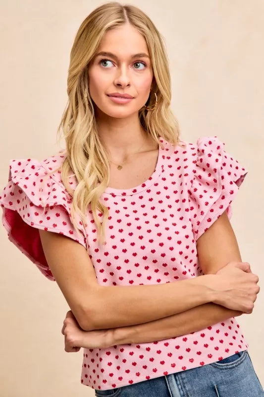 BiBi Heart Patterned Knit Ruffled Sleeves Top