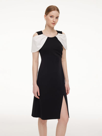 Pre-Order Color Block Cold Shoulder Women Patchwork Side Slit Knit Midi Dress