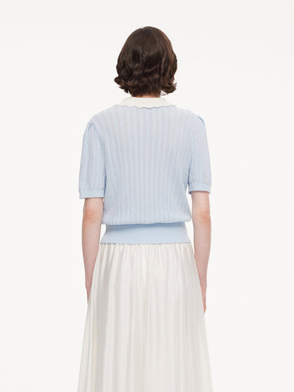 Tencel Blend Color Block Tie Front Women Openwork Knit Top