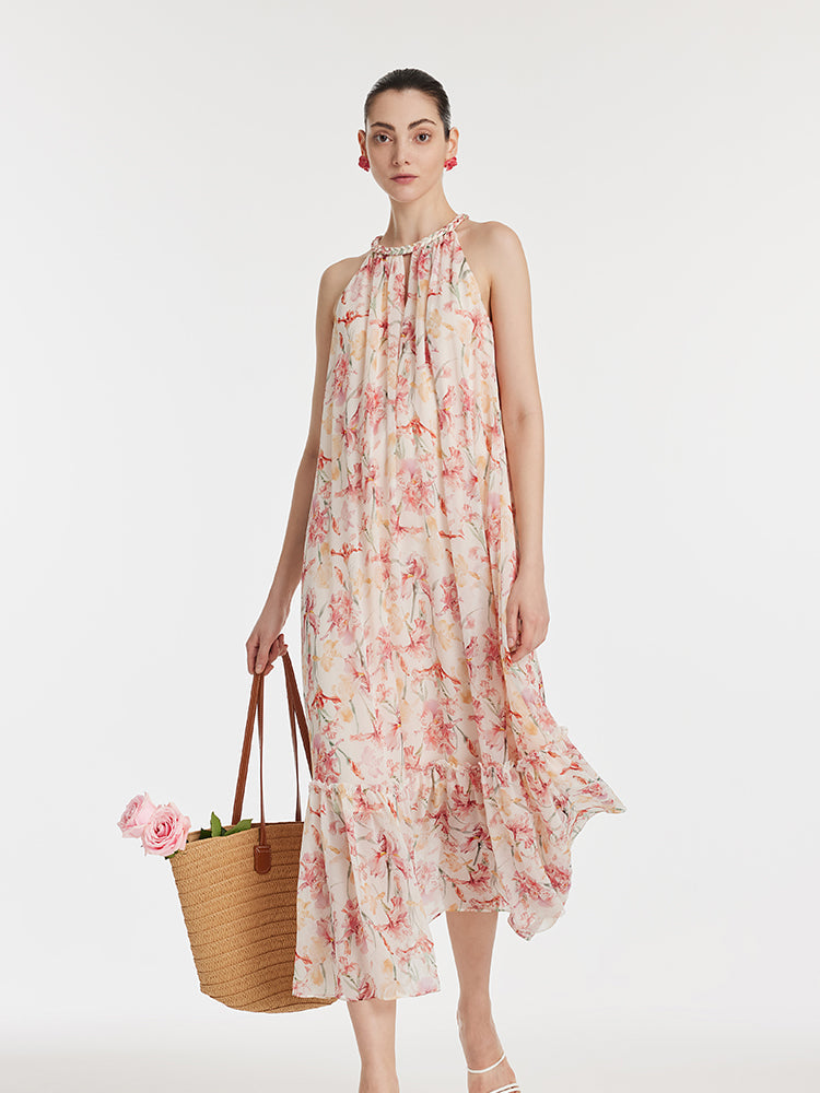 10 Momme Mulberry Silk Iris Print Halter Ruffle Women Maxi Dress