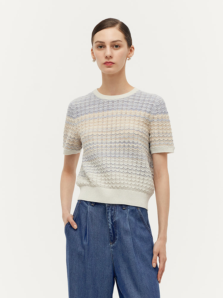 Blue And White Gradient Stripe Women Knit Top