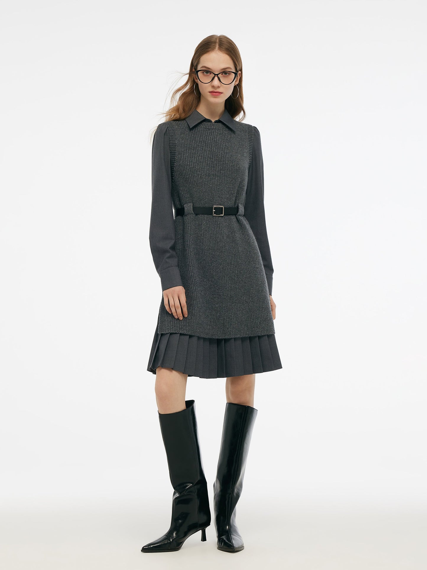 Wool Blend Knit Vest And Shirt Mini Dress Two-Piece Set With Belt