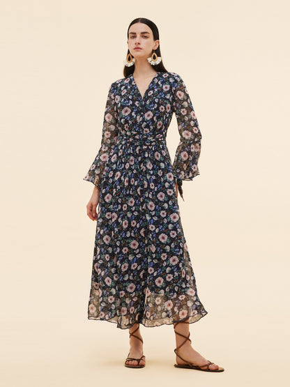 10MM Mulberry Silk Floral Print Women V-Neck Maxi Dress
