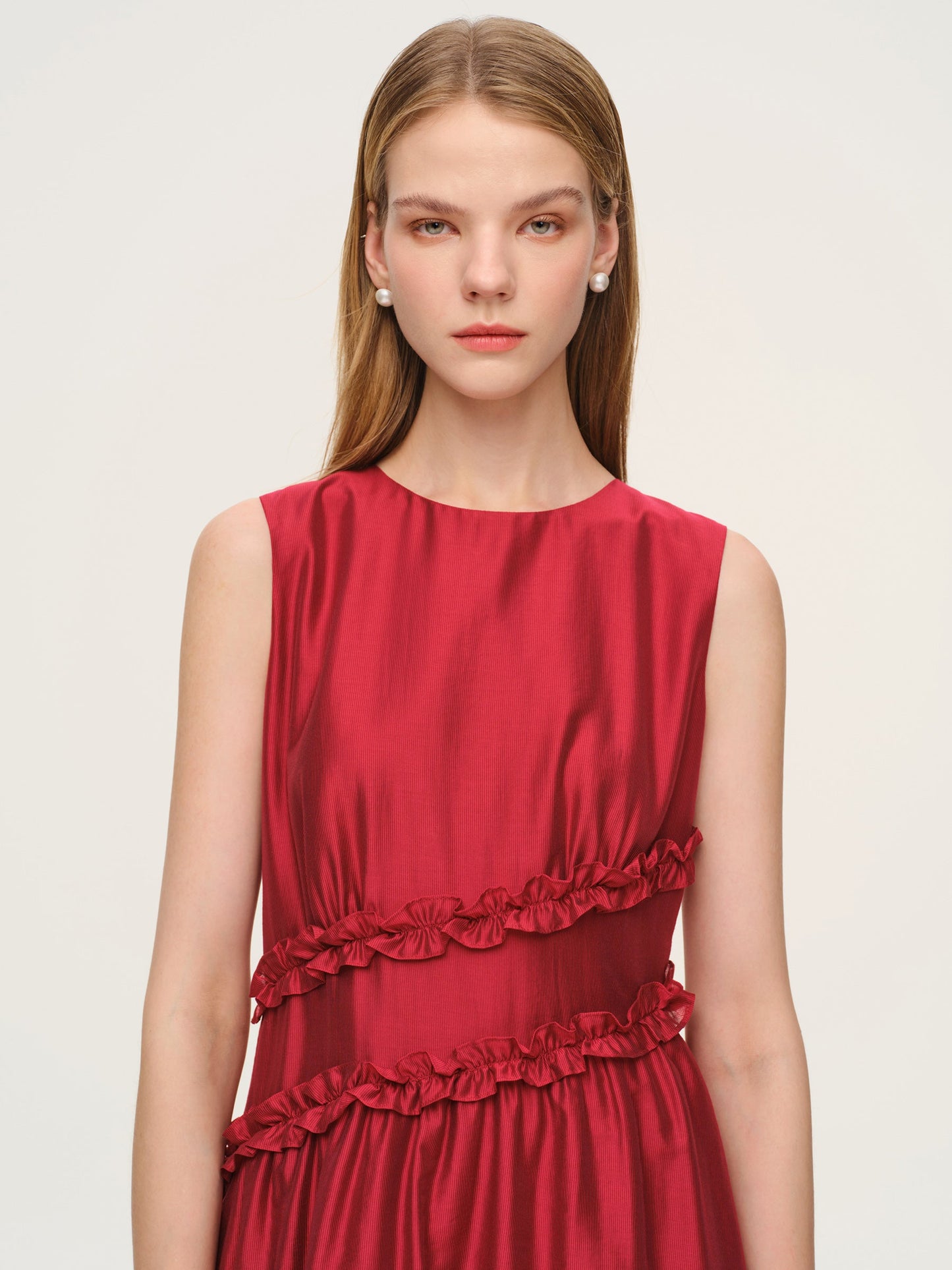 Tencel Blend Ruffle Women Sleeveless Tiered Maxi Dress