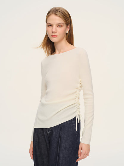 Wool Acetate Blend Boat Neck Side Drawstring Women Knit Top