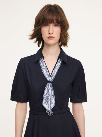 Linen Blend V-Neck Women Midi Dress With Silk Scarf And Belt