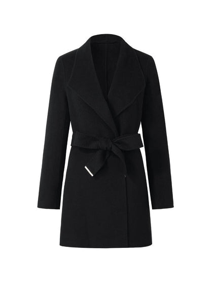 Tencel Wool Notched Lapel Mid-Length Coat With Belt