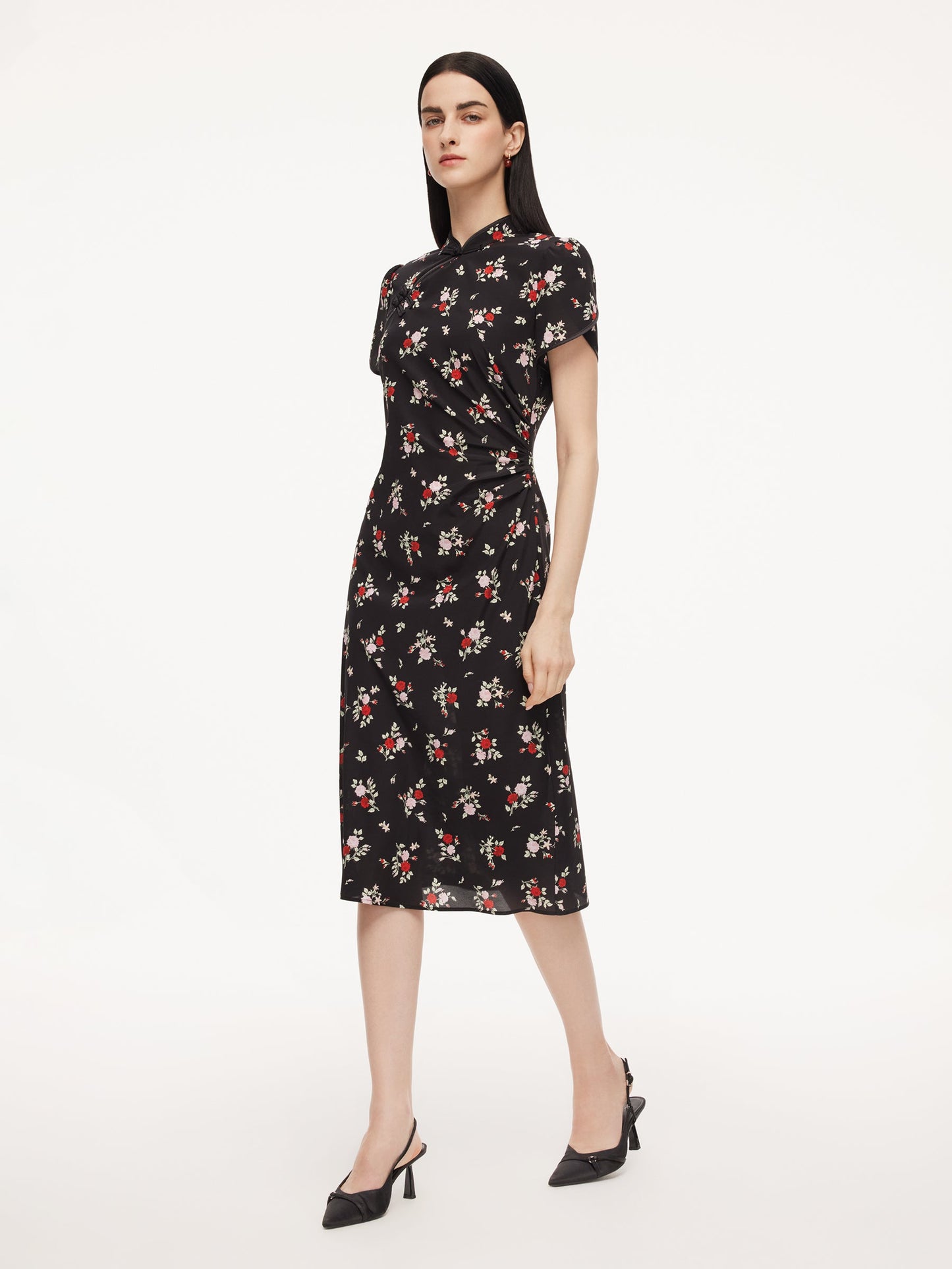16MM Mulberry Silk Rose Print Women Qipao Midi Dress