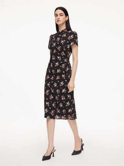 16MM Mulberry Silk Rose Print Women Qipao Midi Dress