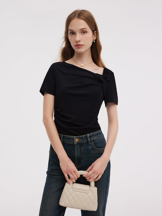 Acetate Blend Asymmetric Neckline Women T-Shirt