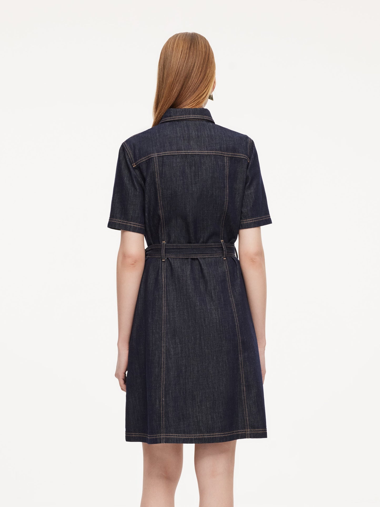 100% Cotton Denim Women A-Line Mini Shirt Dress With Self-Tie Belt