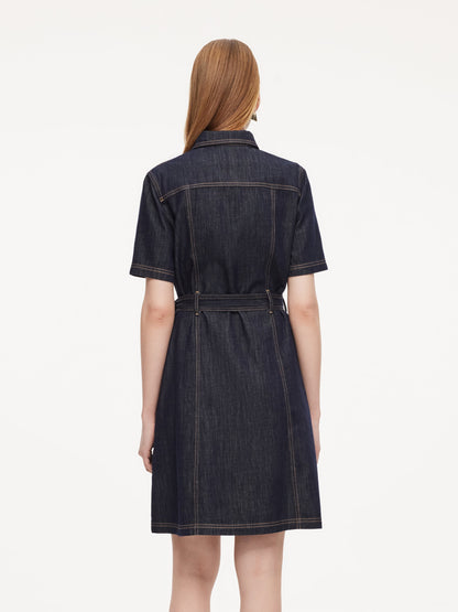 100% Cotton Denim Women A-Line Mini Shirt Dress With Self-Tie Belt