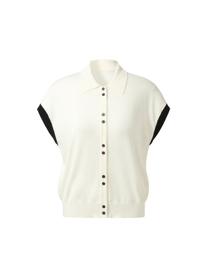 Tencel Blend Color Block Women Polo Short Sleeve Cardigan
