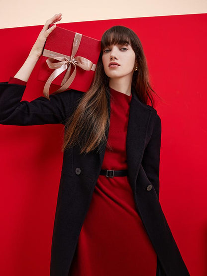 Mock Neck Long Sweater And Wool Pleated Skirt Two-Piece Set
