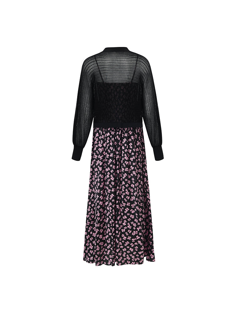 Bowknot Print Spaghetti Strap Maxi Dress And Knitted Cardigan Two-Piece Set With Scrunchie