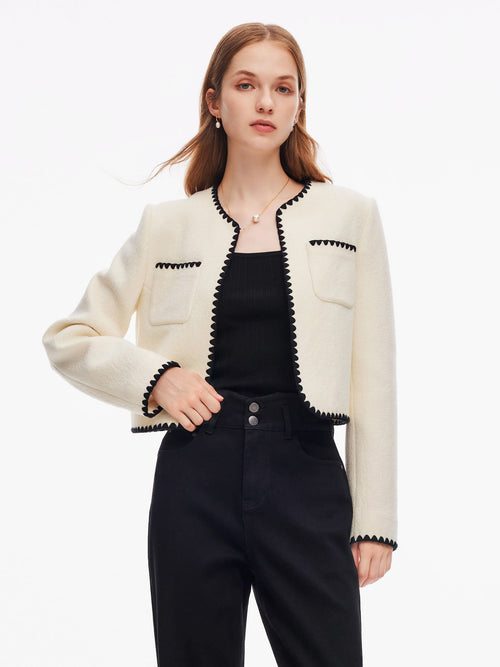100% Wool Contrast Trim Women Crop Jacket