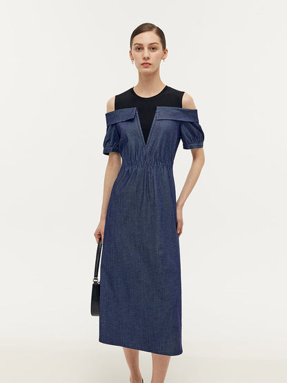 Denim Lyocell Cold Shoulder Patchwork Women Midi Dress