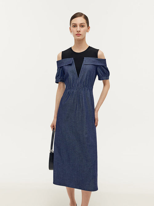 Denim Lyocell Cold Shoulder Patchwork Women Midi Dress