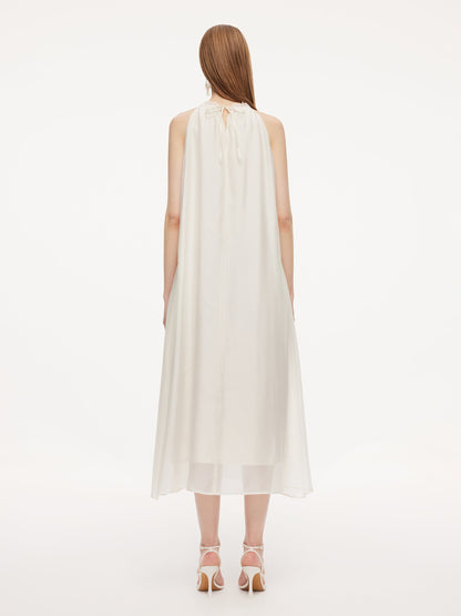 Ruffle Neckline Women Halter Maxi Dress With Floral Ribbon