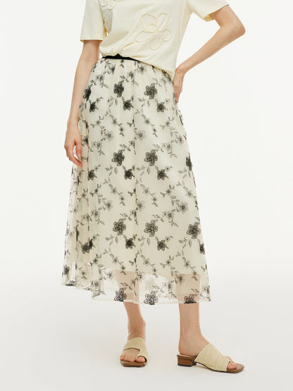 Floral Embroidered Women Elastic Waist Mesh Skirt