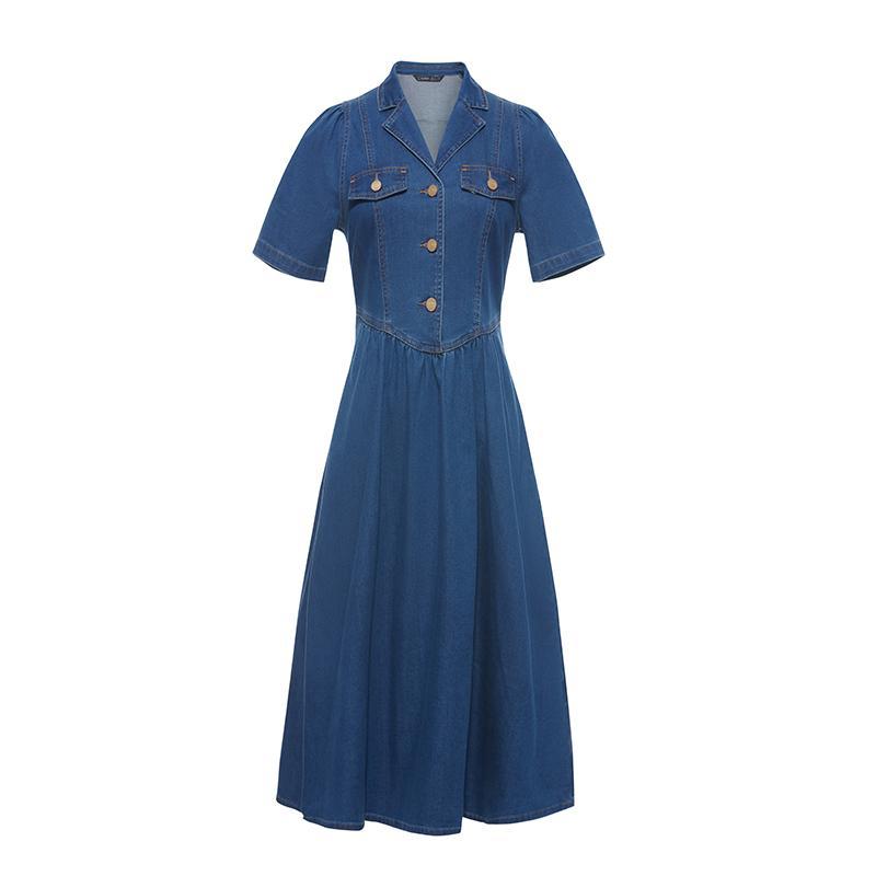 V-neck Gathered Waist Denim Midi Collared Dress