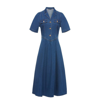 V-neck Gathered Waist Denim Midi Collared Dress