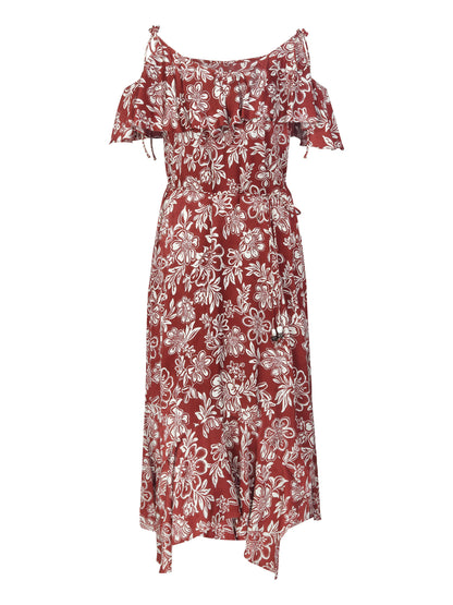 Marigold Floral Print Cold Shoulder Women Strap Maxi Dress