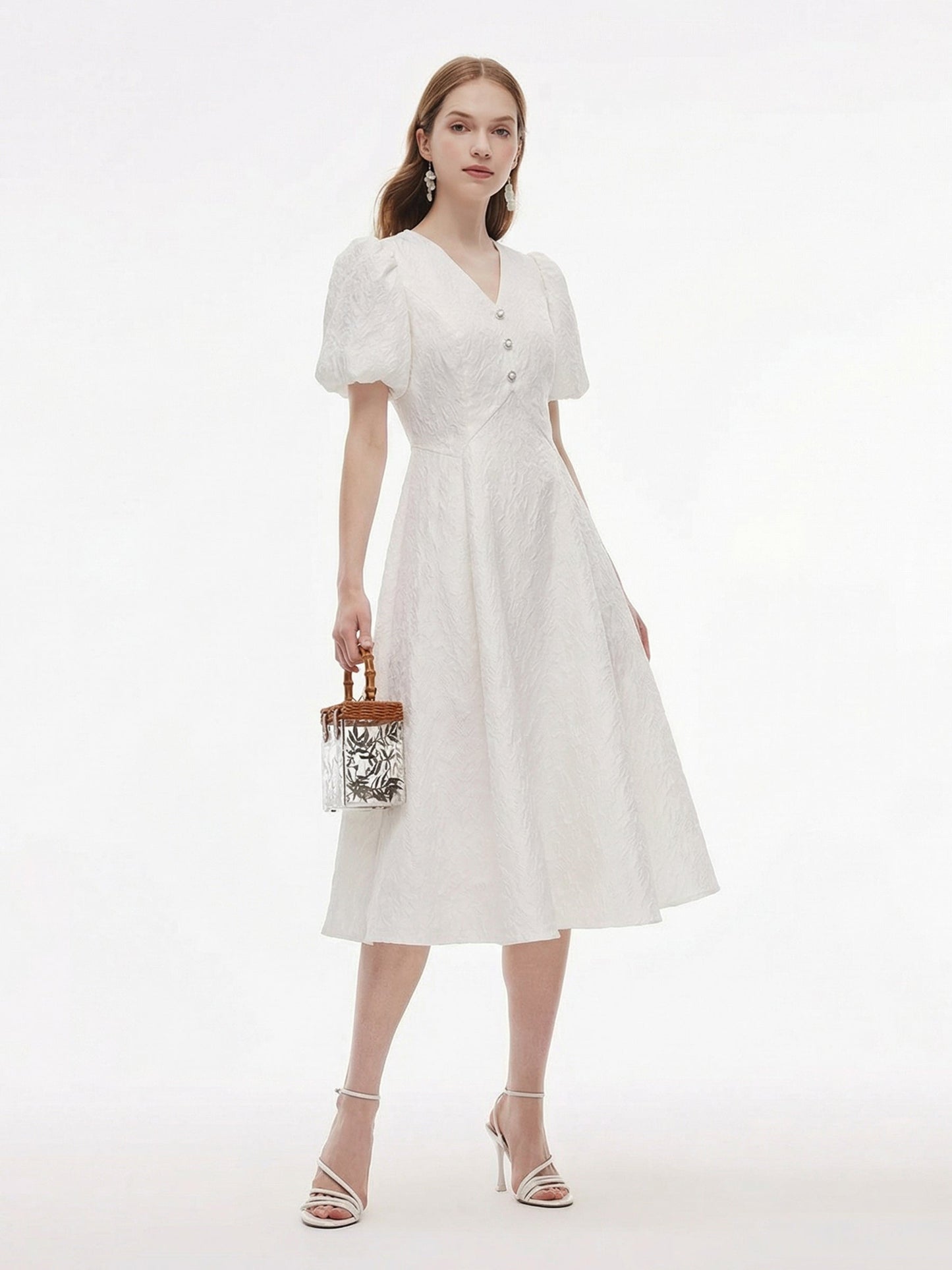 [Preview] Jacquard V-Neck Women Puff Sleeve Maxi Dress